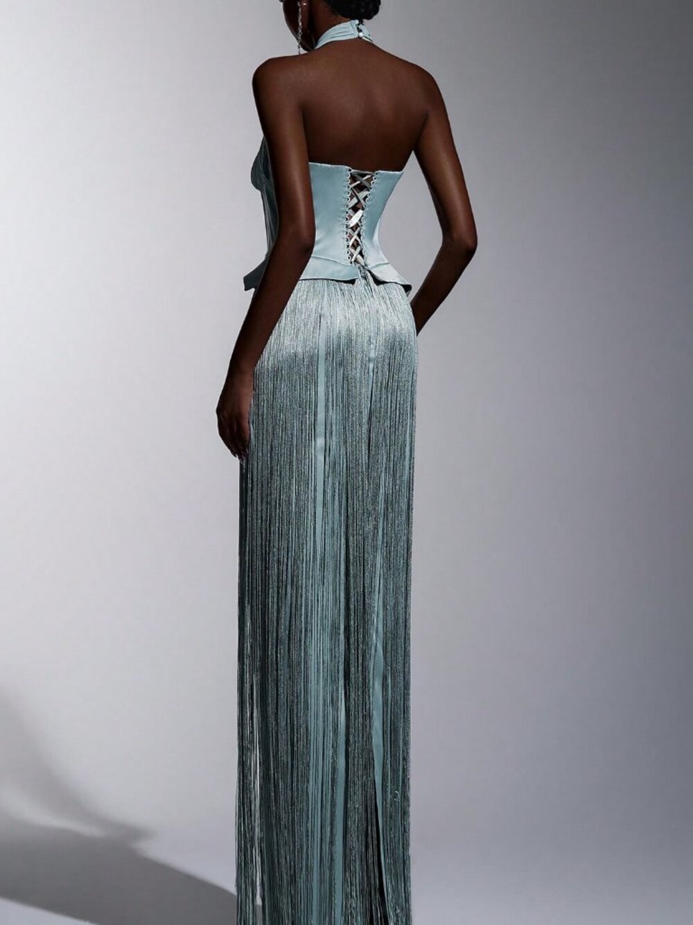 Green Elegant Women's Halter Neck Sleeveless Maxi Dress With Fringe - Picture 2 of 7